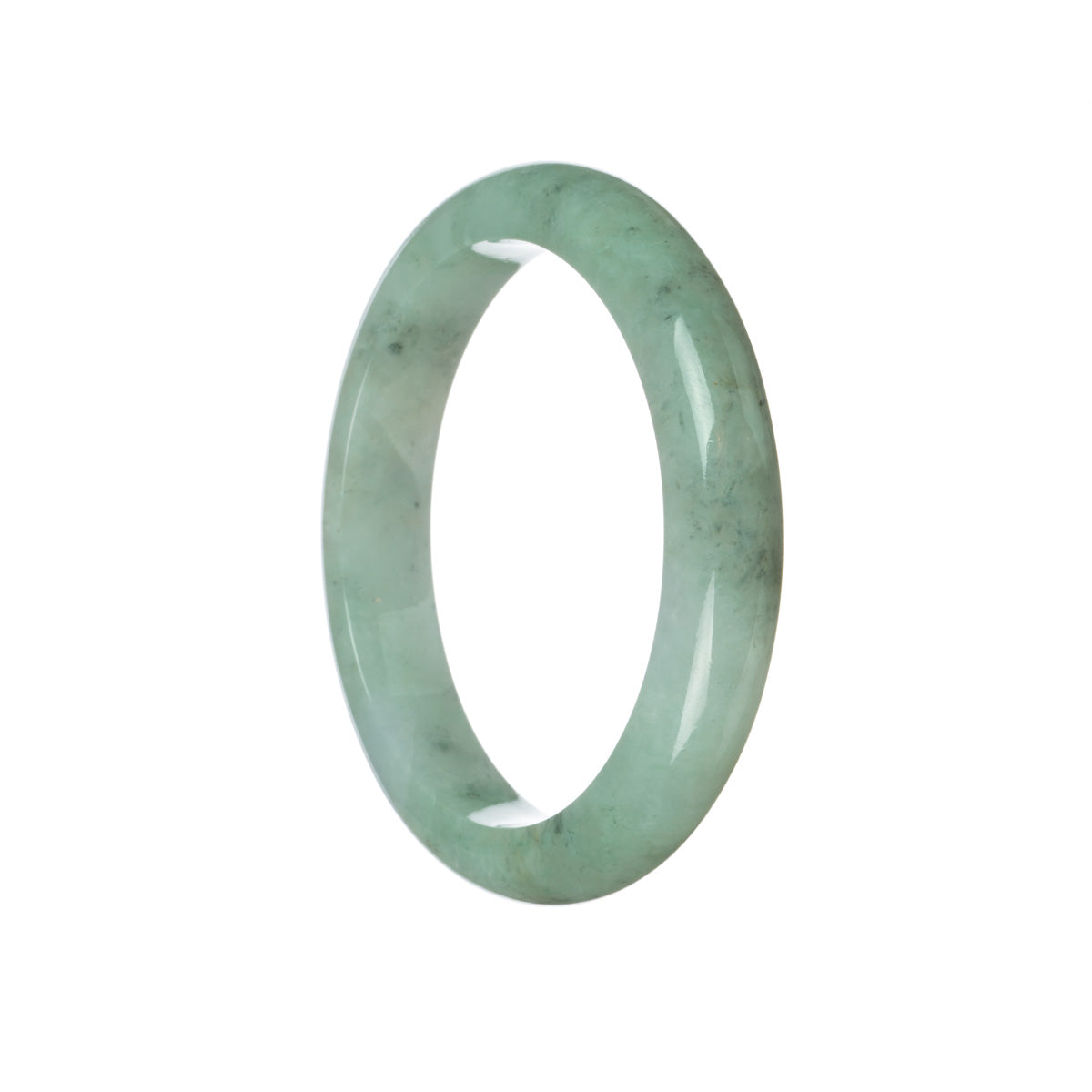 A traditional jade bracelet in light grey with grey spots, featuring a real Type A jade stone. The bracelet is 60mm in size and has a semi-round shape. Created by MAYS GEMS.