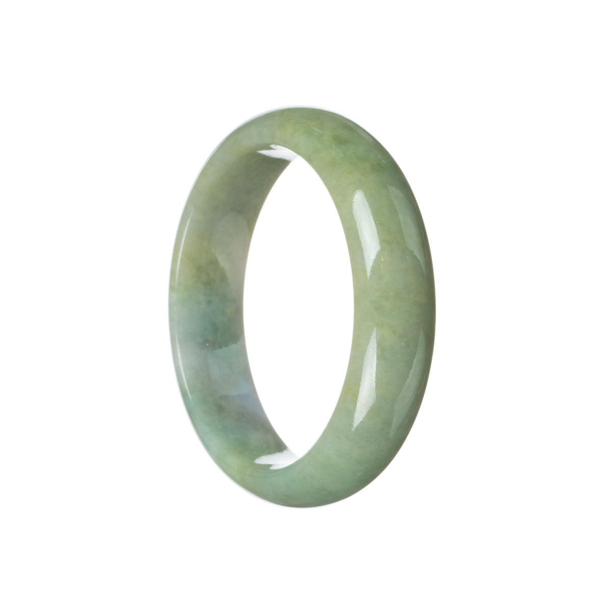 A close-up image of a beautiful half-moon shaped jadeite bangle in a vivid green color with delicate lavender swirls. The bangle has a smooth and polished surface, showcasing the natural beauty of the jadeite stone. The size of the bangle is 59mm, making it a perfect fit for most wrists. A stunning jewelry piece that exudes elegance and sophistication.