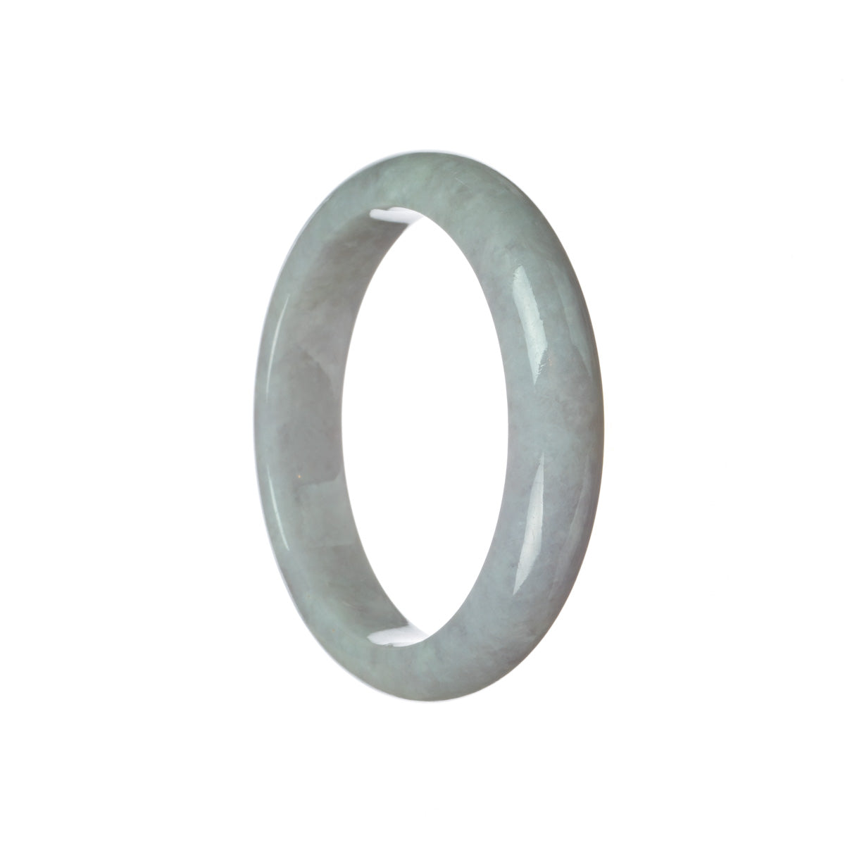 A close-up image of a lavender-colored traditional jade bangle with a semi-round shape, measuring 58mm in size. The bangle is made from genuine Grade A jade and is being sold by MAYS GEMS.