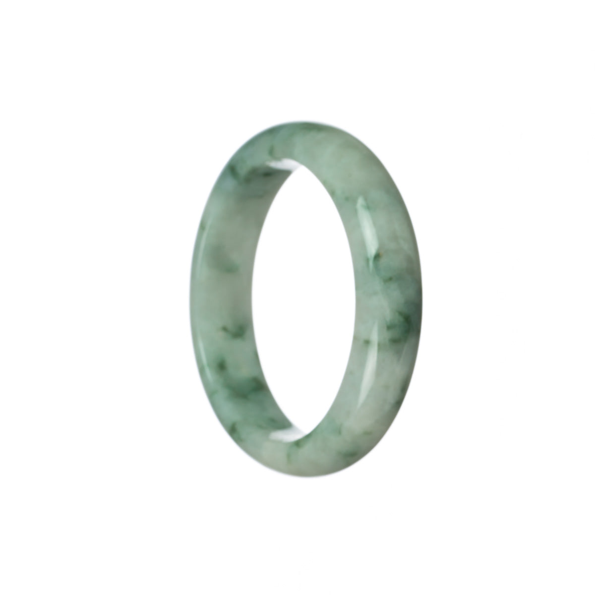 A close-up photo of a pale green jade bracelet with a half-moon shape. The bracelet features intricate green flower patterns, showcasing the authenticity and natural beauty of the jadeite jade. This unique piece is a statement accessory that radiates elegance and sophistication.