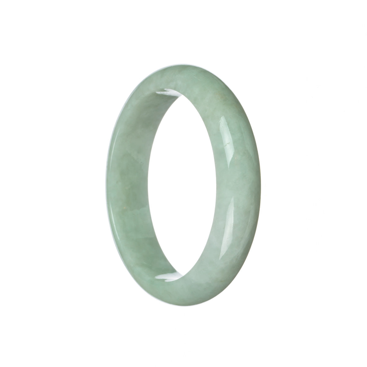 A close-up image of a beautiful green jade bangle bracelet with a half-moon shape, measuring 58mm in diameter. This bracelet is made from certified Grade A green jade and is a stunning addition to any jewelry collection.