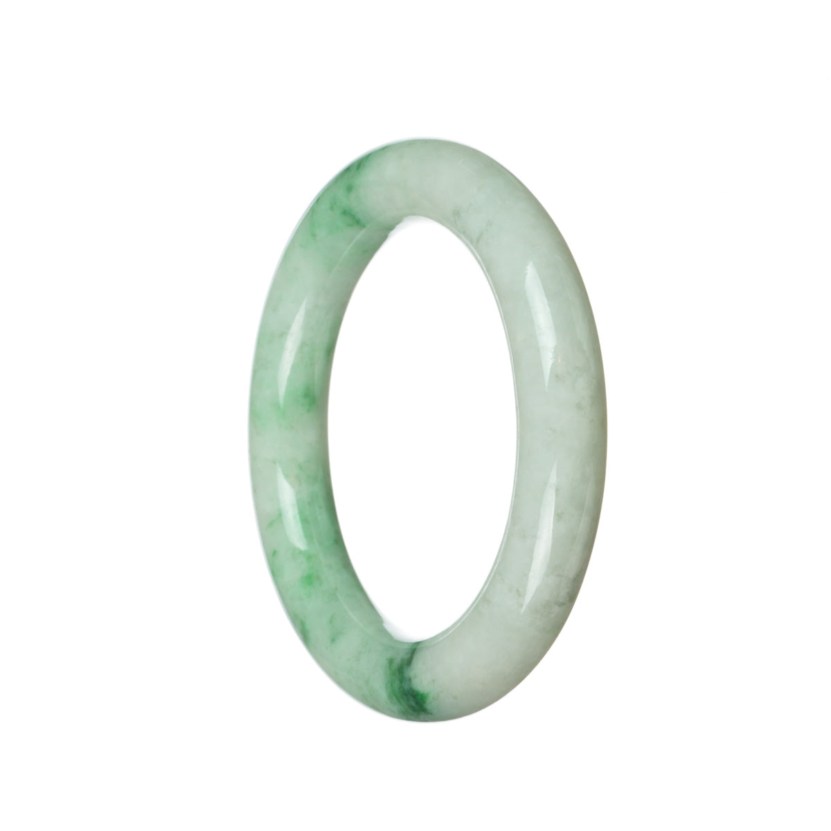 A close-up image of an exquisite jade bangle bracelet. The bracelet features a round shape with a 56mm diameter. The jadeite jade is a stunning shade of white with beautiful emerald green accents. This high-quality, authentic piece is from the MAYS™ collection.