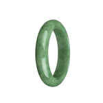 A half-moon shaped green jade bangle bracelet, certified as Type A, made by MAYS GEMS. The bracelet measures 57mm in diameter and features a traditional design.