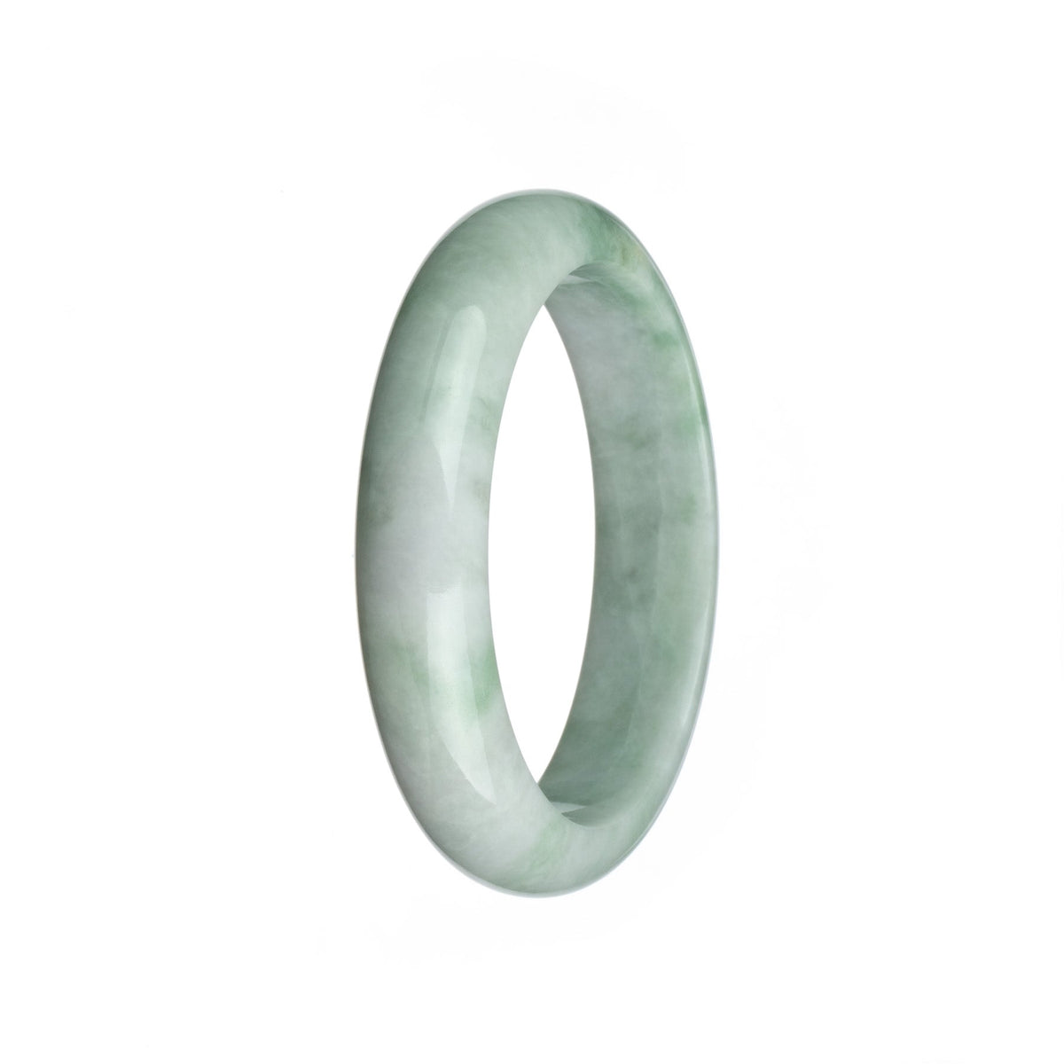 Close-up image of a pale green and light green jadeite jade bangle with a half moon shape, measuring 58mm in diameter.