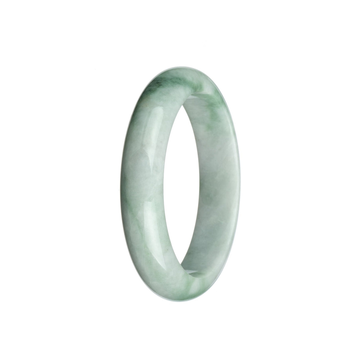 A pale green jade bangle bracelet with a half moon shape, showcasing its genuine grade A quality.