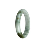 A close-up image of a beautiful white and olive green jade bangle with a half-moon shape. This certified Grade A jade bangle is 59mm in size and is made by MAYS™.