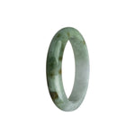 Image: A close-up of a jade bangle with a half-moon shape in a vibrant green color. The bangle is made of high-quality Burmese jade and has a smooth, polished surface. The white veins running through the jade give it a unique and beautiful appearance.