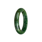 A close-up photo of a stunning green and dark green Burmese jade bangle bracelet. The bracelet has a smooth, polished surface and is shaped like a half moon. It measures 55mm in diameter.