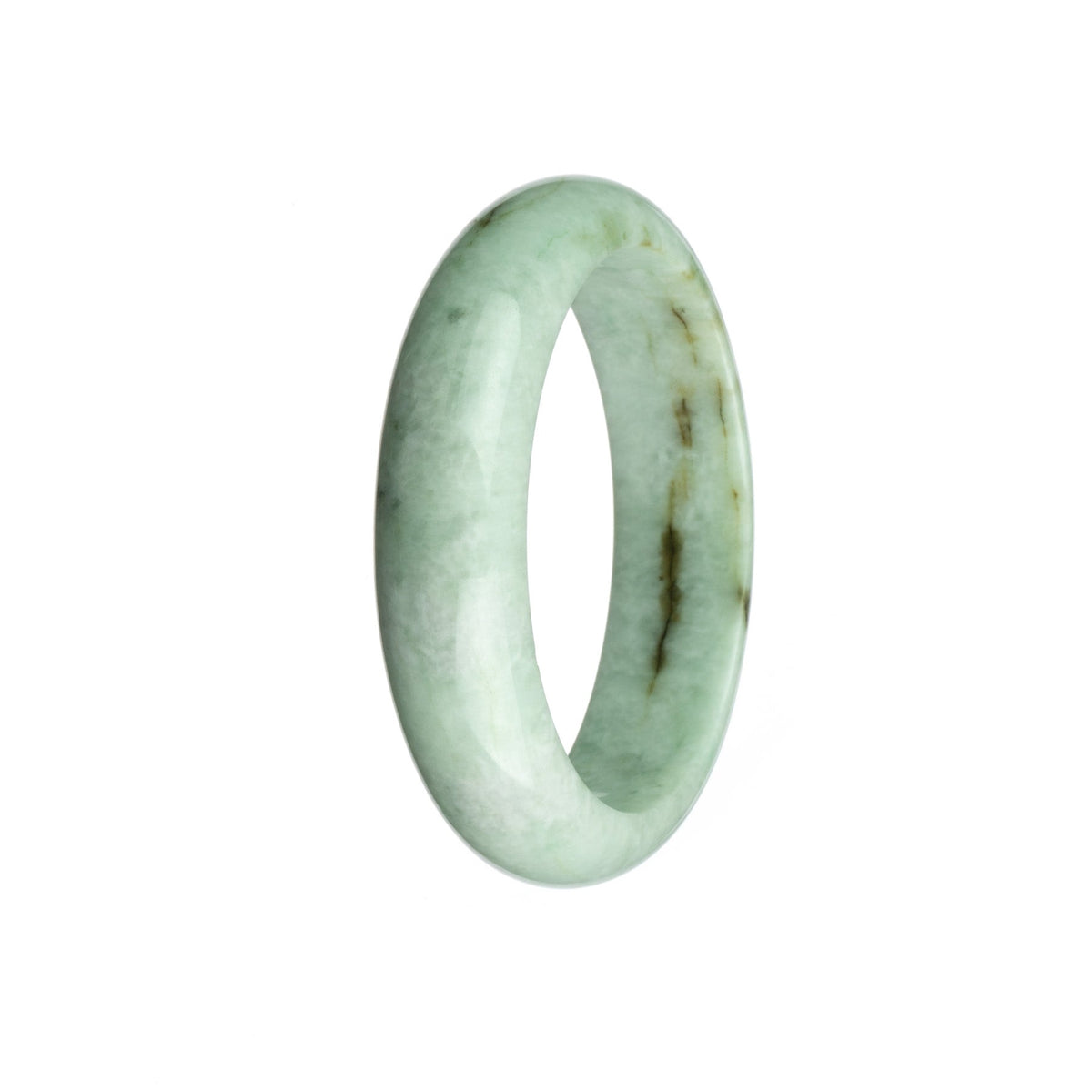 A pale green jadeite bangle bracelet with a half moon design, measuring 57mm in size.