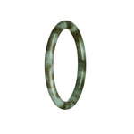 A close-up photo of a petite round bangle made from genuine natural grey with olive green Burma jade. The bangle has a smooth and polished surface, showcasing the unique and beautiful patterns and colors of the jade. It is a stunning piece of jewelry from MAYS GEMS.