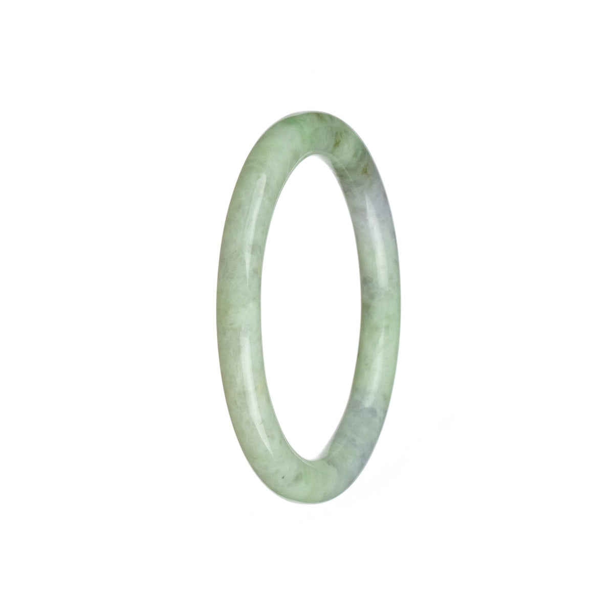 A small round jade bangle bracelet in light green with hints of white and lavender, untreated and sourced from Burma.