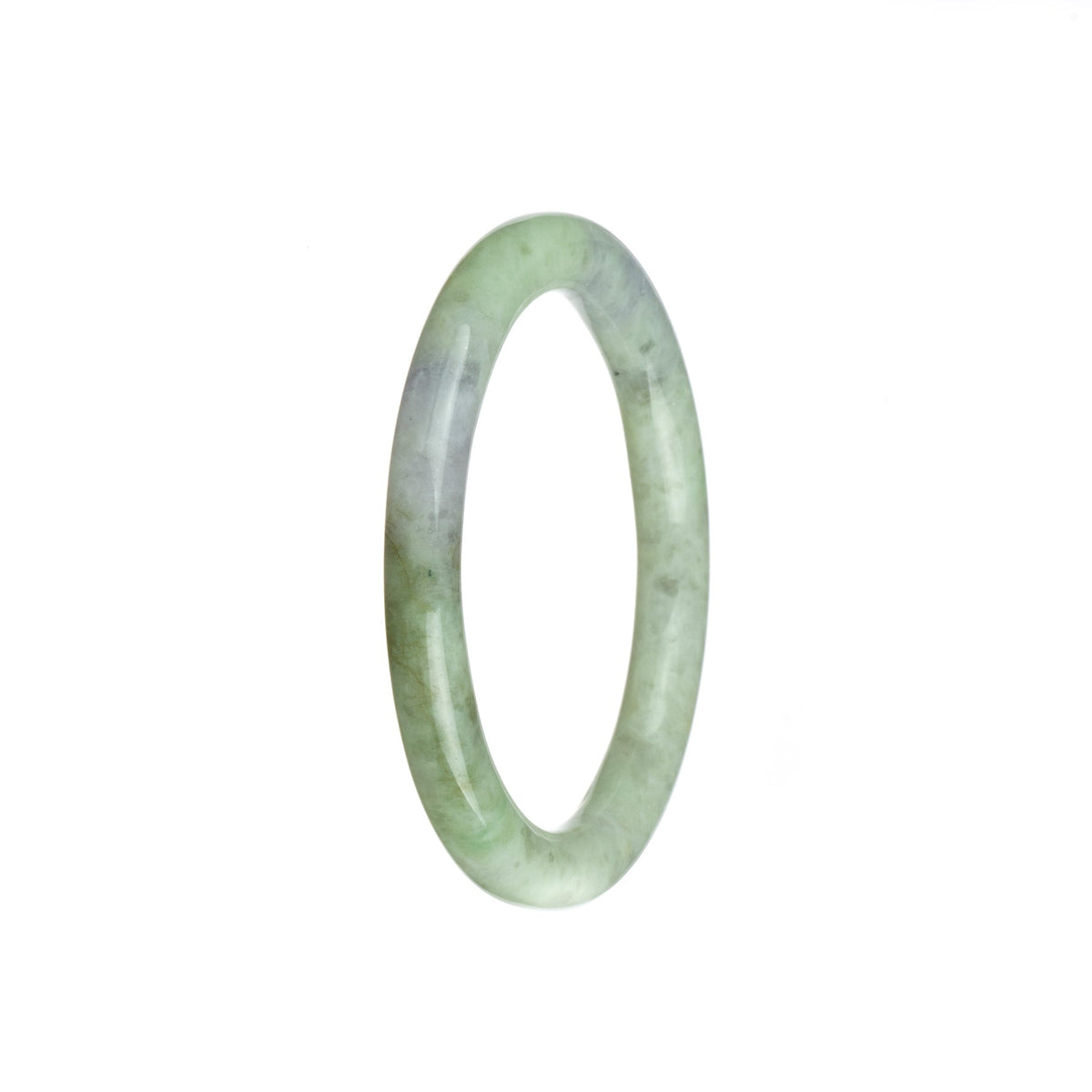 A delicate light green jade bangle with white and lavender accents, crafted from genuine Grade A jade. This petite round bangle measures 55mm in size. Perfect for adding an elegant touch to any outfit.