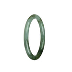 A close-up photo of a beautiful light green with deep green jade bangle bracelet. The bracelet is petite and round in shape, measuring 57mm. It is a real grade A jade, showcasing its stunning color and natural patterns. Perfect for adding elegance and a touch of nature to any outfit. From MAYS GEMS.