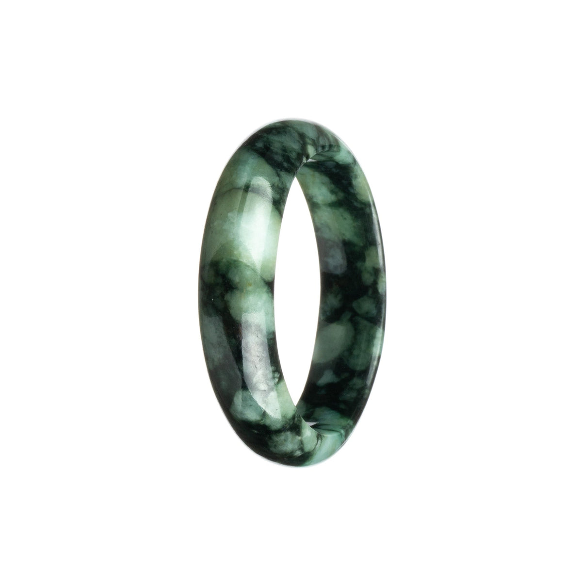 A stunning green and black patterned Burma Jade bracelet, featuring a 53mm half moon shape. A genuine Grade A piece from MAYS GEMS.