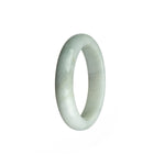 A close-up image of a white jade bangle bracelet with a half moon shape, made from high-quality real grade A traditional jade. The bracelet has a smooth and polished surface, showcasing the natural beauty of the jade stone. The 51mm size makes it suitable for a medium-sized wrist. The brand name "MAYS" is engraved on the inside of the bracelet.