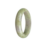 A close-up photo of a bangle bracelet made of certified natural Burma jade. The bracelet features a combination of brownish white and lavender hues, with a half-moon shape measuring 59mm in diameter. The intricate patterns and smooth texture make it a unique and elegant accessory.