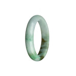 A close-up photo of a stunning jade bangle with a half-moon shape, featuring a genuine Grade A apple green and brown pattern on a white background. The bangle is intricately designed and exudes elegance and beauty.
