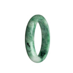 A close-up photo of a beautiful jadeite bangle bracelet featuring a mix of green and white patterns. The bracelet has a half-moon shape and measures 59mm in diameter.