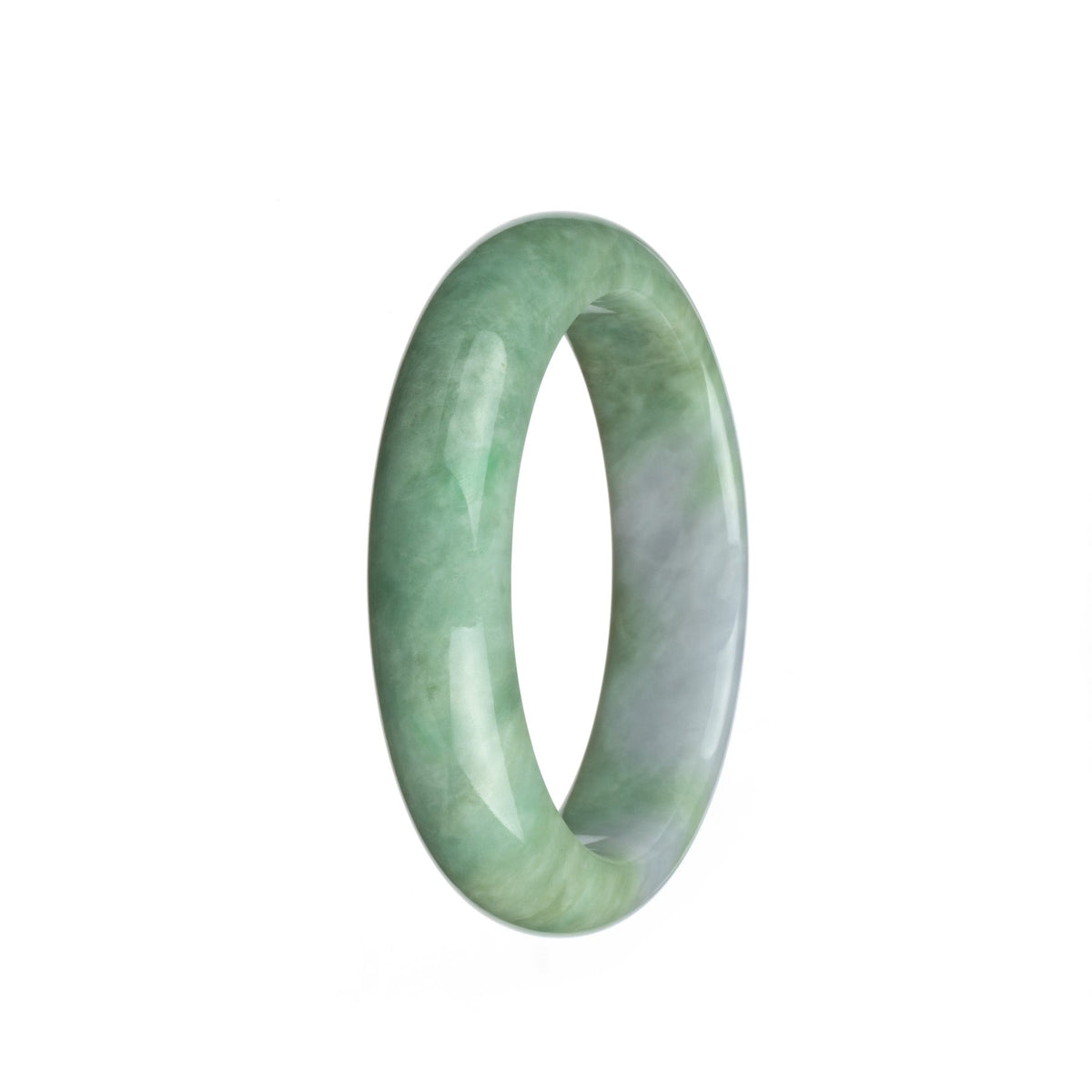 A half-moon shaped bangle bracelet made of real untreated light green and pale lavender Burma jade.