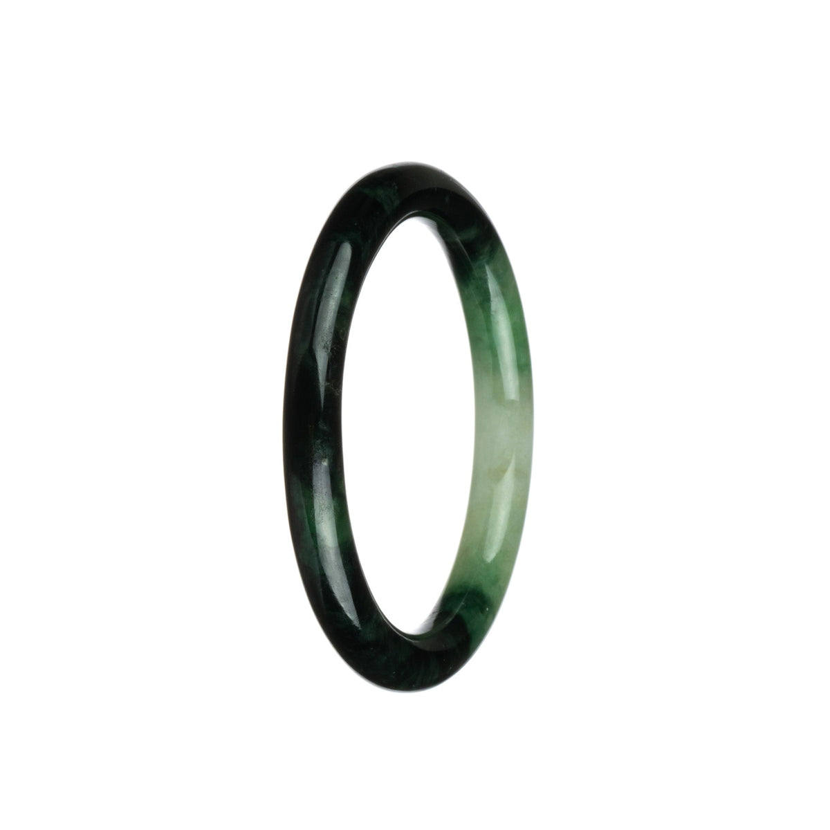 A close-up view of a beautiful jadeite jade bracelet, featuring deep green and white hues. The bracelet has a petite round shape, measuring 55mm in diameter. Made of genuine, untreated jade, this piece exudes elegance and natural beauty. Designed by MAYS™.