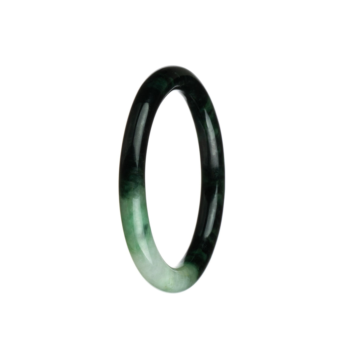 A close-up image of a petite round bangle bracelet made of genuine untreated deep green and white jadeite. The bracelet has a smooth and polished surface, and it measures 55mm in diameter. The MAYS™ brand logo is visible on the inner side of the bracelet.