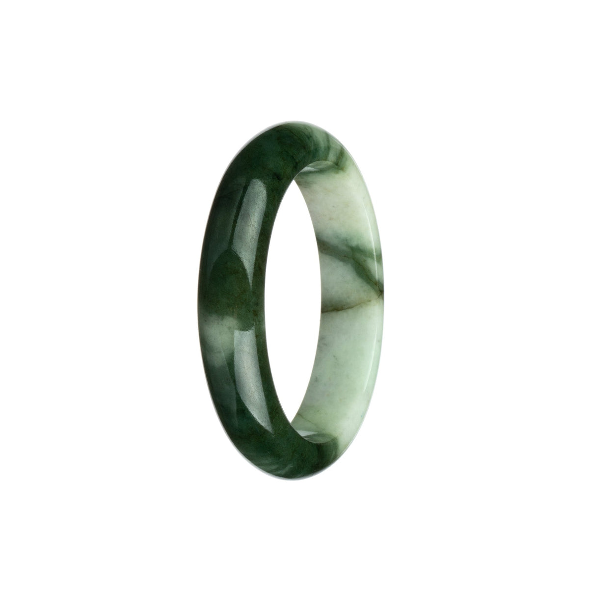 A half moon-shaped bangle bracelet made of genuine olive green and white Burmese jade.