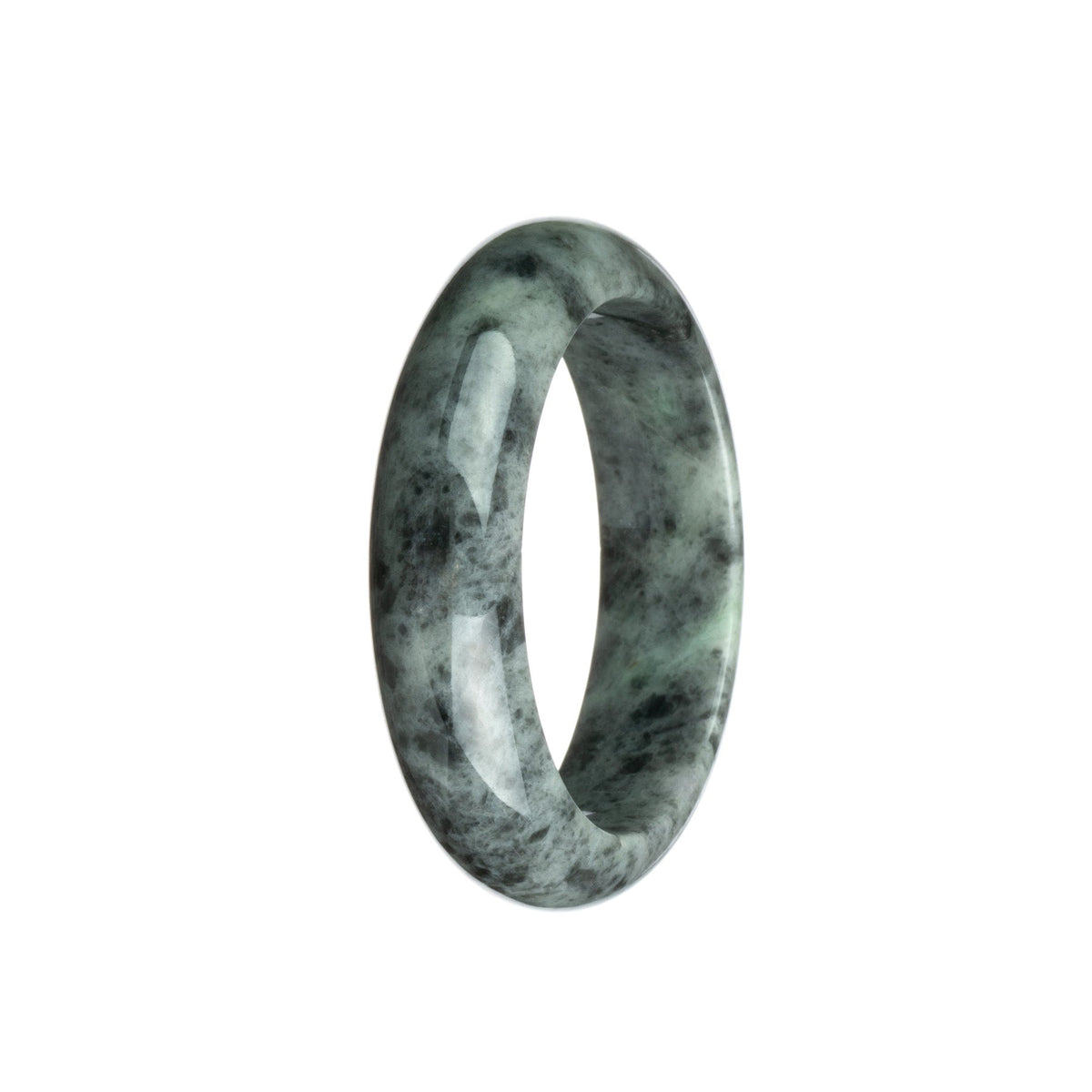 A beautiful untreated grey pattern jadeite bangle with a half-moon shape, measuring 54mm in size. Designed by MAYS.