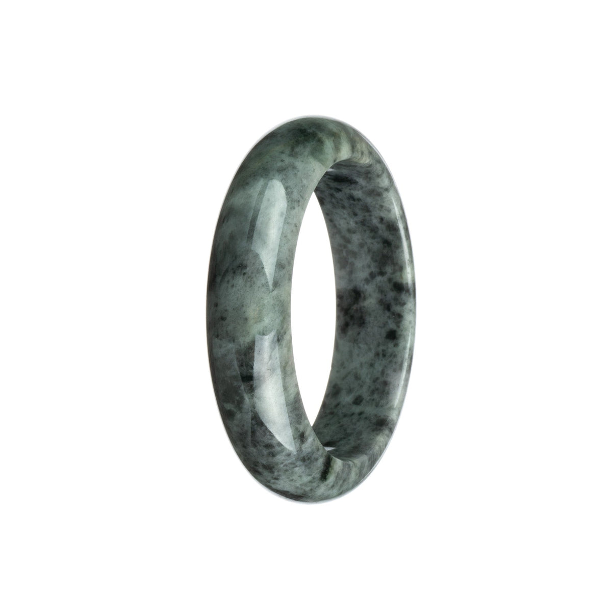 A close-up image of a half-moon shaped grey jade bangle bracelet with a unique pattern.