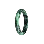 Close-up of a vibrant green and black patterned Burmese Jade bangle, shaped like a half moon, measuring 53mm in diameter. Exudes elegance and authenticity.