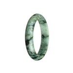 A pale green and black patterned jadeite jade bracelet in a half moon shape, measuring 59mm.