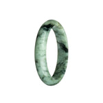 A close-up photo of a pale green and black patterned jade bangle bracelet. The bracelet is made of authentic Grade A jade and has a traditional half moon shape, measuring 59mm in diameter. The intricate pattern and vibrant colors make this bracelet a unique and stylish accessory.