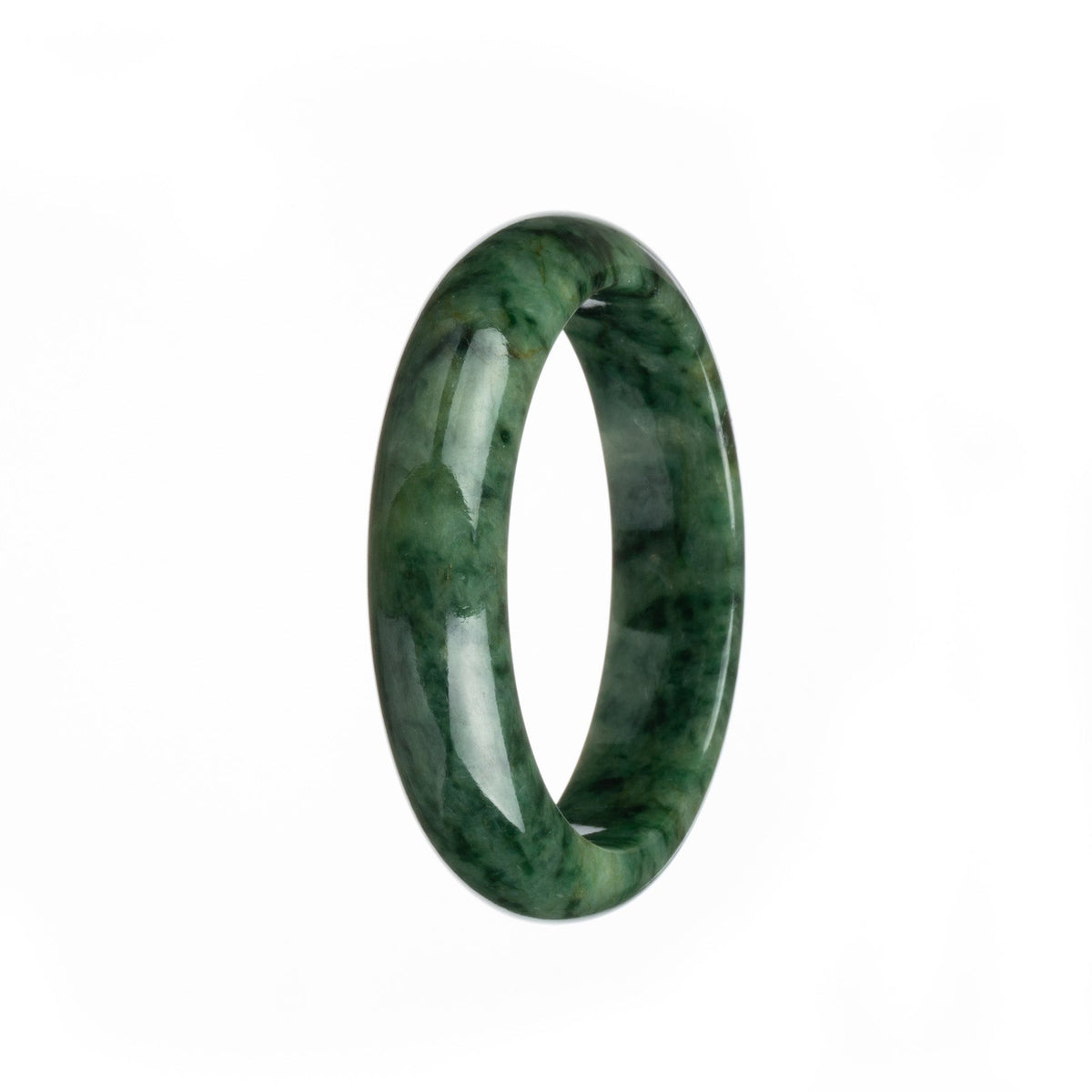 A close-up image of a half-moon-shaped deep green jadeite bangle with an authentic Type A pattern. The bangle has a smooth surface and showcases the beautiful natural color and intricate patterns of jadeite.