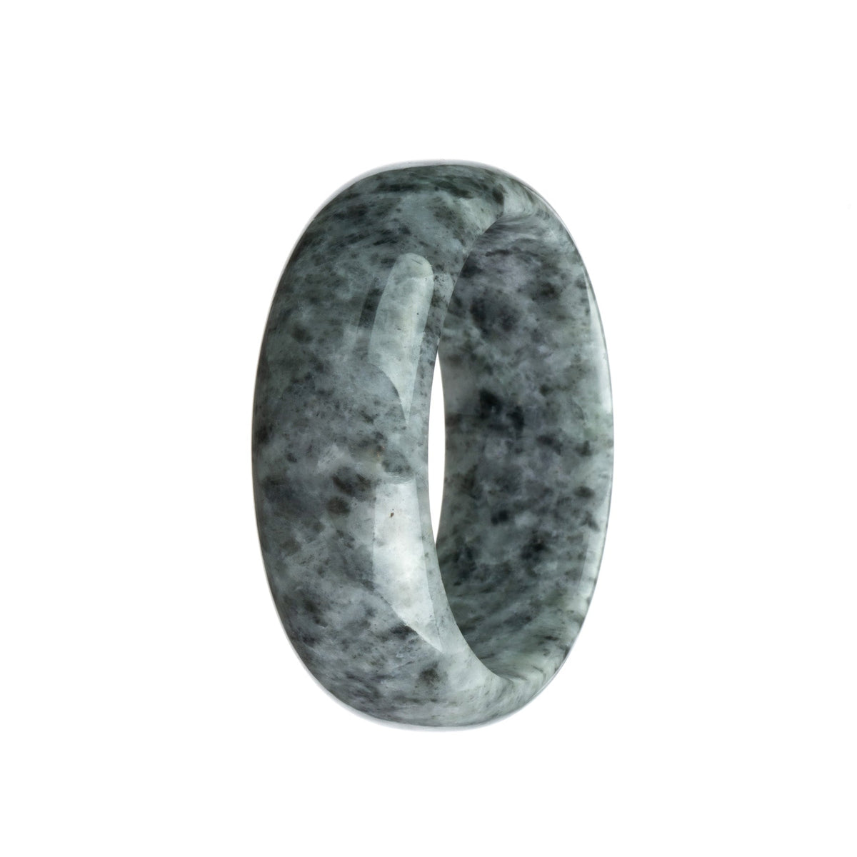 Image: A close-up of a bracelet made of genuine grade A grey pattern Burma jade. The bracelet is in the shape of a half moon and has a diameter of 59mm. It features smooth, polished jade stones with a unique grey pattern. The bracelet is designed by MAYS GEMS.
