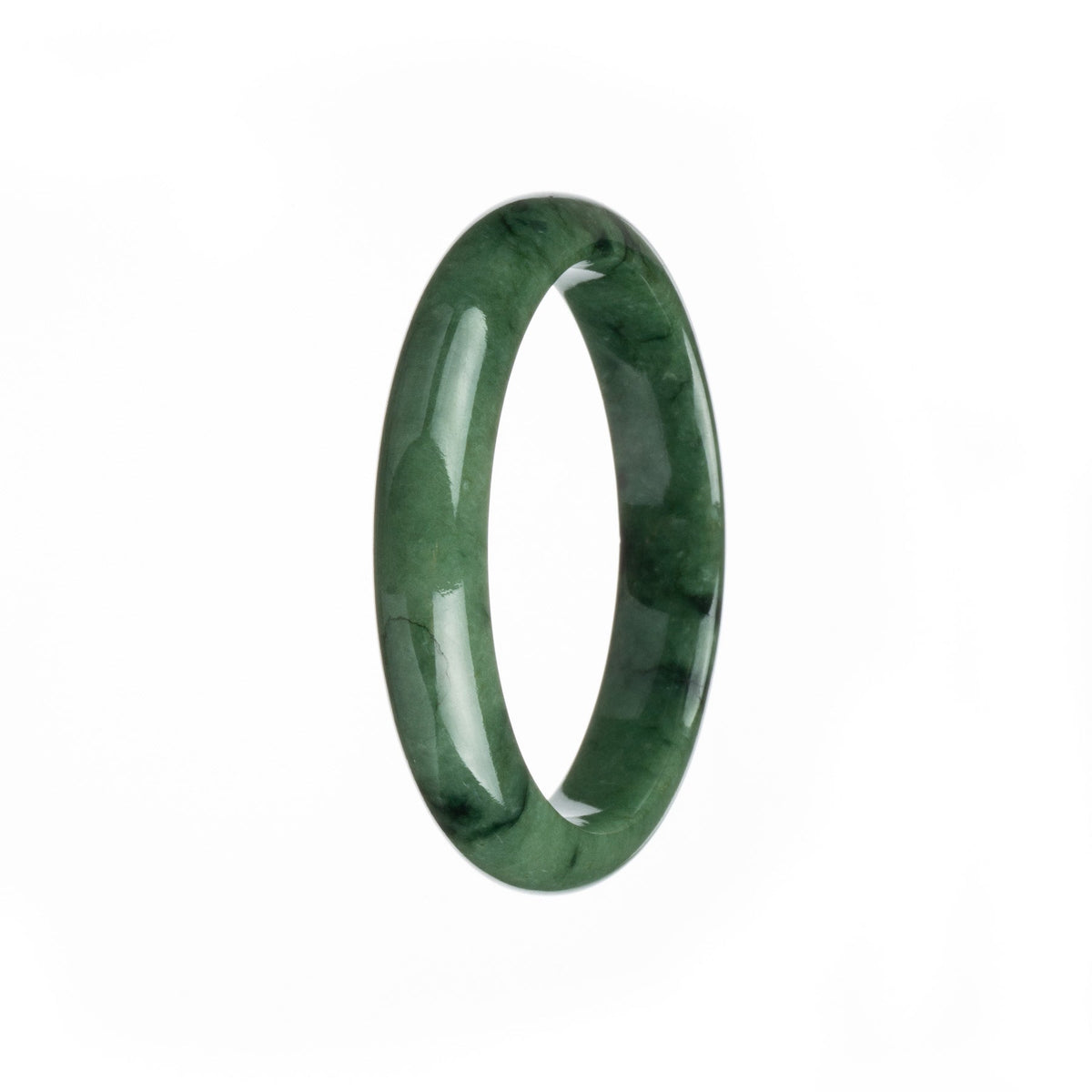A close-up photo of a deep green traditional jade bangle bracelet with a half-moon shape, measuring 57mm. The bracelet is made of authentic Grade A jade and is called "MAYS".