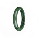 A close-up photo of a deep green traditional jade bangle bracelet with a half-moon shape, measuring 57mm. The bracelet is made of authentic Grade A jade and is called "MAYS".
