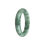 A close-up image of an authentic Grade A jade bangle. The bangle is greenish white in color with a dark green pattern, resembling a half moon shape. This beautiful piece of jewelry is sold by MAYS GEMS.