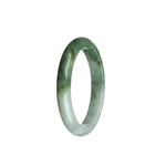 A close-up photo of a petite round Real Grade A Green and White Jadeite Bangle, measuring 54mm in diameter. The bangle features a beautiful blend of green and white colors, showcasing the natural patterns and textures of the jadeite stone. The MAYS brand is mentioned.