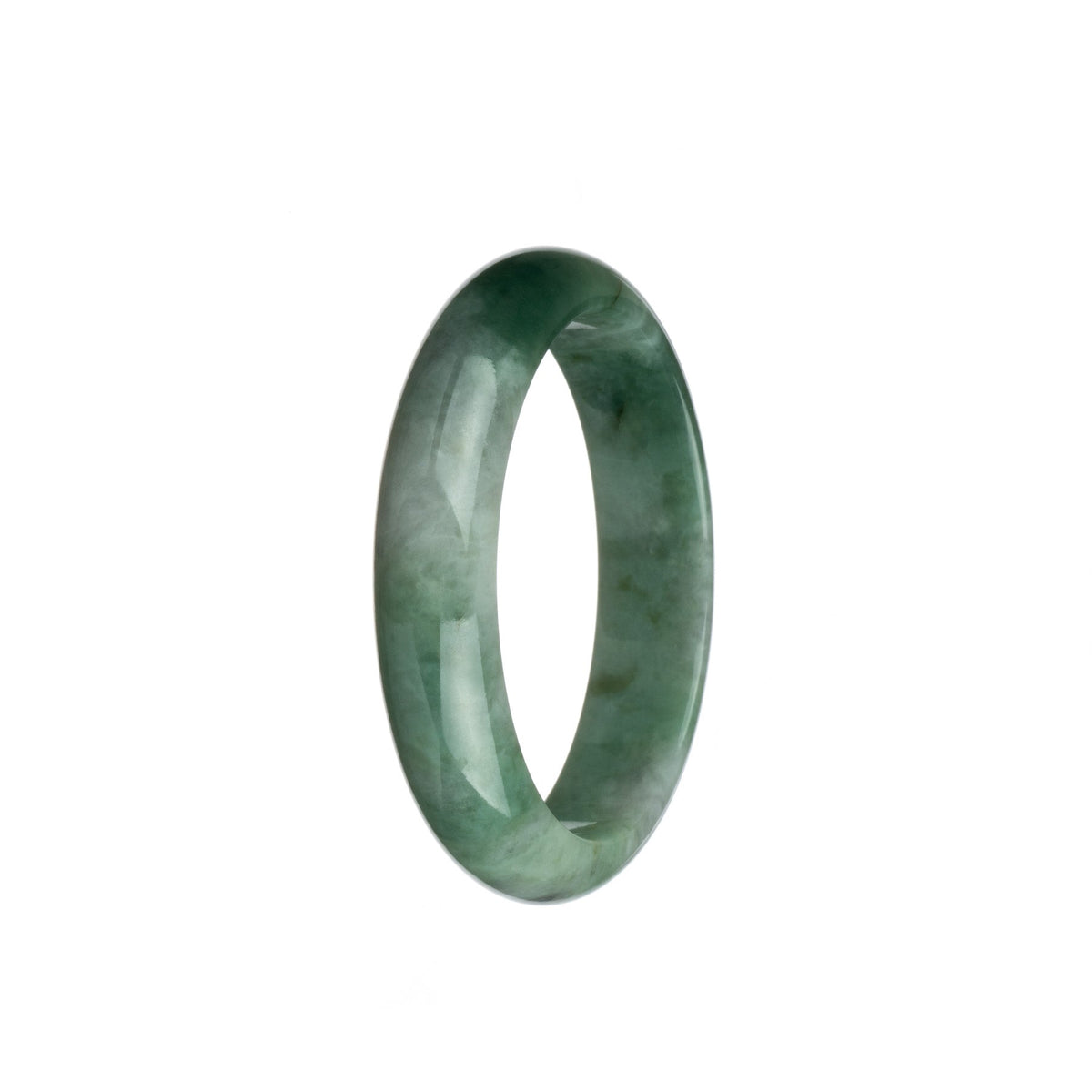 A half-moon-shaped bangle bracelet made of genuine untreated dark green with grey Burma jade.