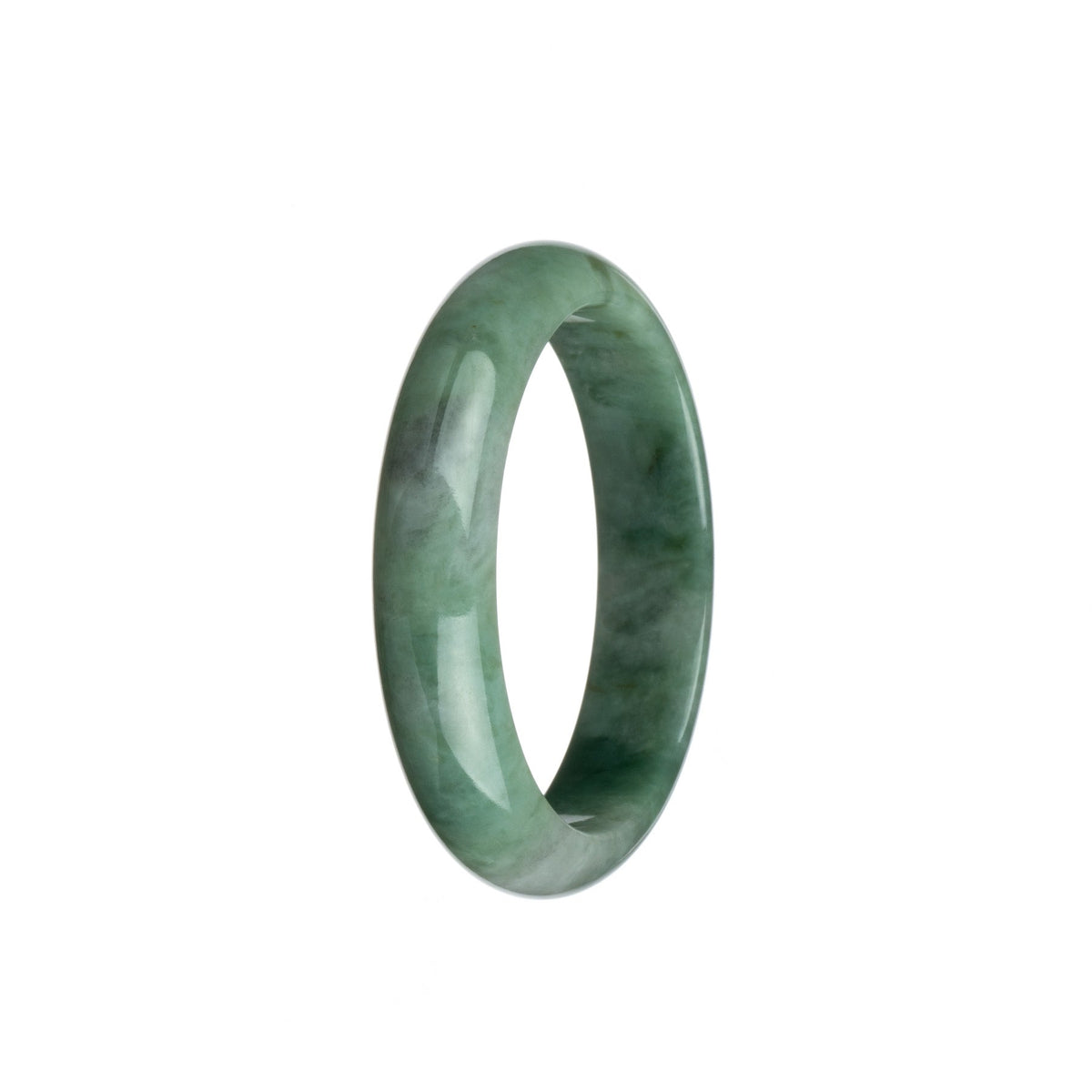 A close-up photo of a beautiful dark green and grey Burma jade bangle. The bangle has been certified as Grade A quality and features a unique half moon shape. It measures 54mm in diameter. Perfect for gemstone enthusiasts and collectors.