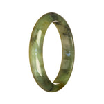 A close-up of a beautiful green patterned Burmese jade bangle bracelet with a half moon shape, measuring 55mm in diameter. This exquisite piece is certified as Grade A and is part of the MAYS™ collection.