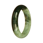 A close-up of a vibrant jade bangle bracelet with a half-moon shape, showcasing a beautiful pattern of deep green and light green colors.