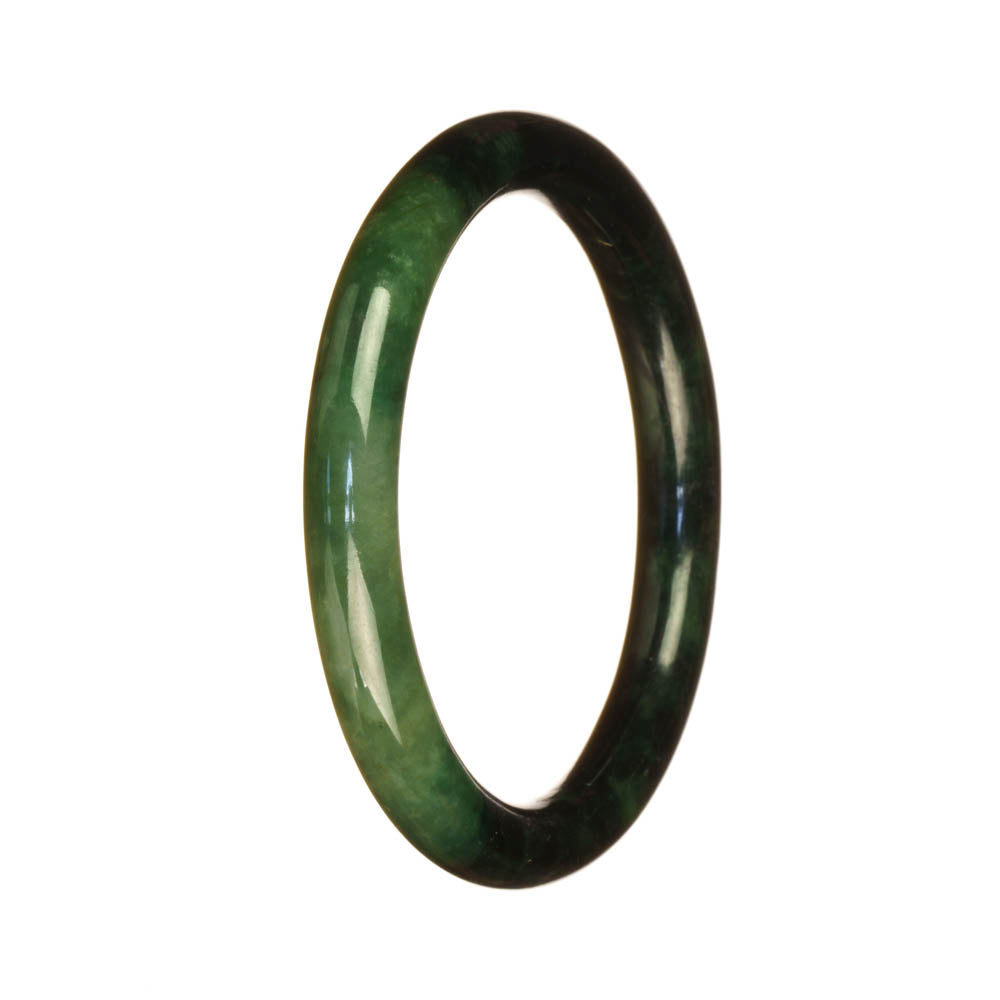 A close-up photo of a beautiful deep green and green traditional jade bangle. The bangle is petite and round, with a diameter of 55mm. It is made from genuine grade A jade, giving it a stunning and luxurious appearance. The brand name "MAYS" is also mentioned.