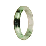 A stunning 54mm half moon Burmese jade bangle bracelet with a beautiful white and green pattern. Certified untreated for authenticity.