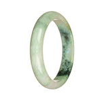A close-up of a stunning jade bangle with a white and green pattern. The bangle is made of Grade A jadeite and has a 56mm diameter, shaped in a half-moon design. It is certified and comes from the MAYS™ brand.