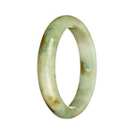 A half moon-shaped bangle made of genuine untreated jadeite in a beautiful white and green pattern. Measures 56mm in diameter. Sold by MAYS.