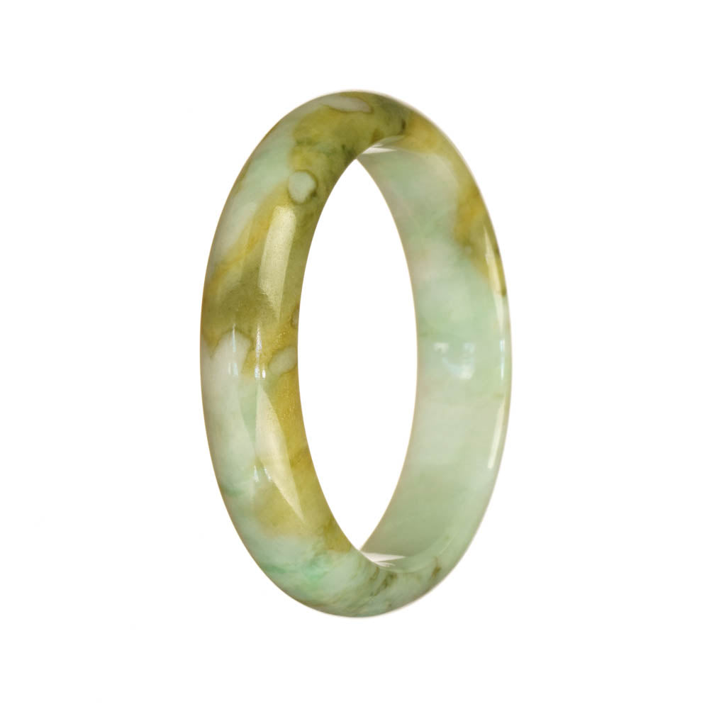 A close-up of a beautiful jade bangle, featuring a mix of white, green, and brown patterns. The bangle is in the shape of a half moon and measures 54mm in diameter. Perfect for adding an elegant touch to any outfit.