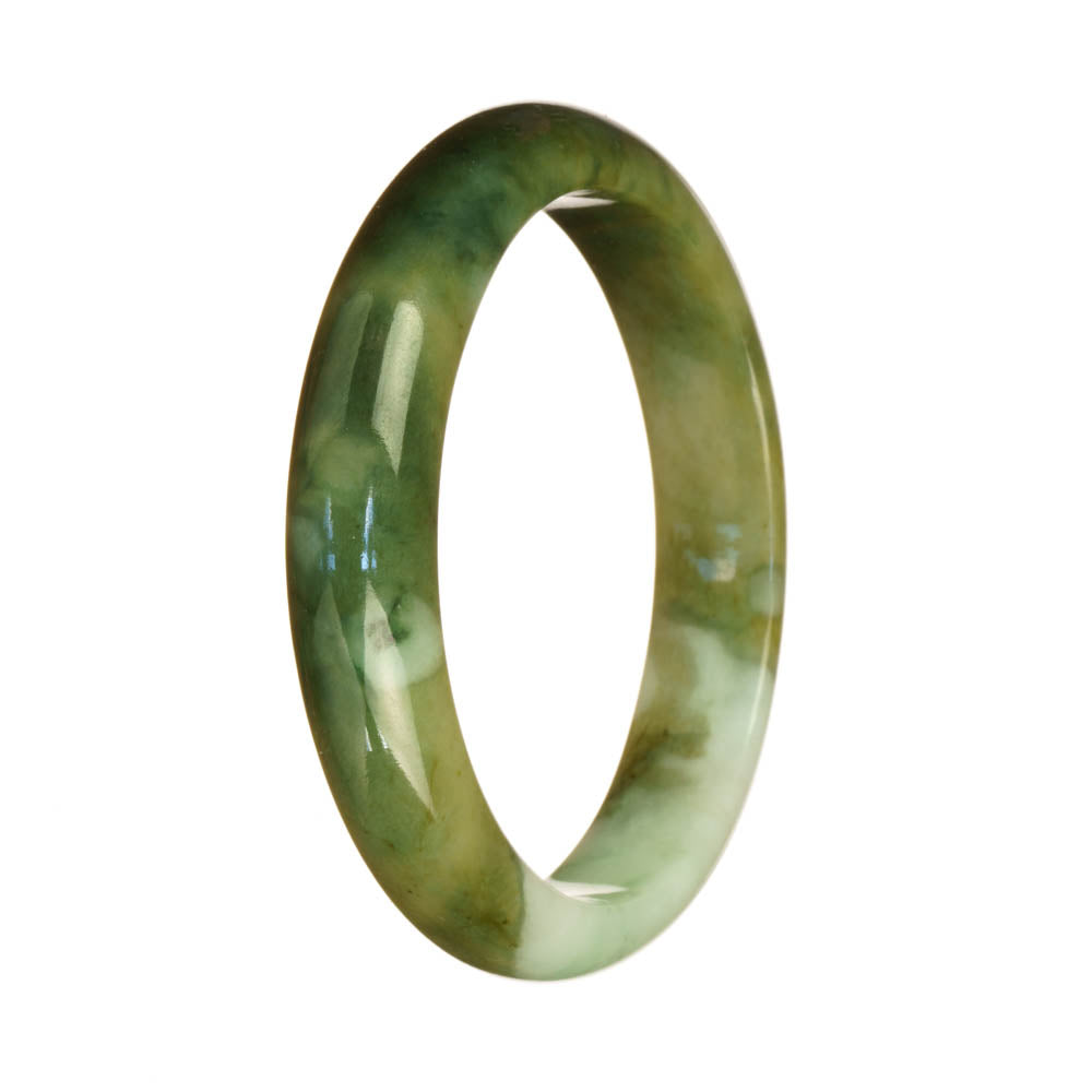 A beautiful jadeite bangle bracelet with a unique green and white pattern, untreated and genuine. The bracelet is shaped in a half-moon design and measures 59mm in size. Created by MAYS™.