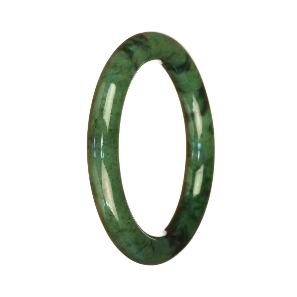 A beautiful deep green Burmese jade bangle with a half moon pattern, measuring 53mm.