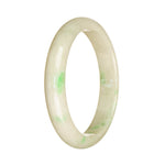 Close-up of a traditional jade bangle bracelet in white and emerald green colors, featuring a half moon shape. This high-quality and certified Grade A jade piece is offered by MAYS GEMS.