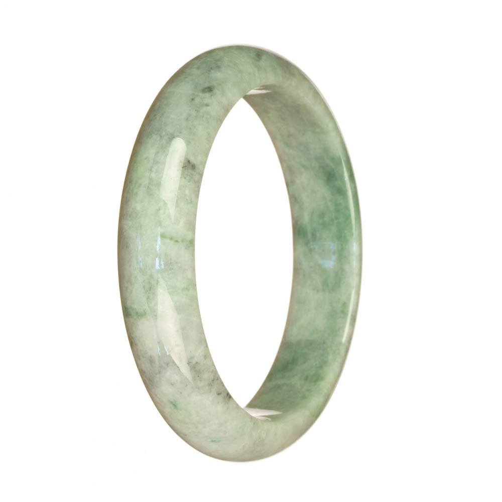 A close-up image of a white and green jadeite jade bracelet with a half-moon design. The bracelet is certified as Type A jade and measures 59mm in diameter. The brand name "MAYS" is also mentioned.